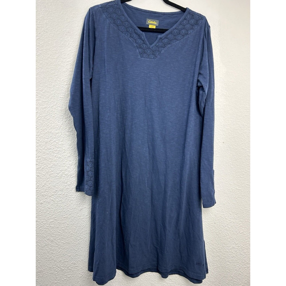 Cabelas Shirt Dress Women Size L Blue Long Sleeve V Neck Cotton Midi